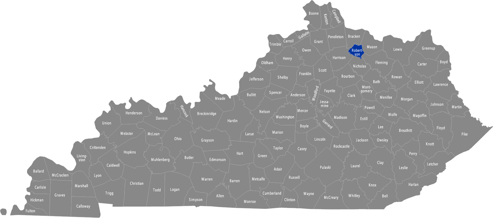 State of Kentucky map with Robertson County highlighted 