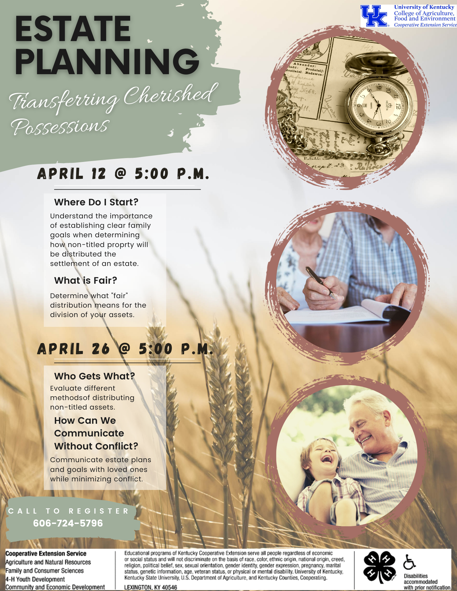 Flyer with picture of grandparent and grandchild with information about estate planning